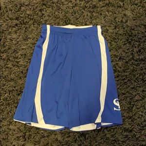 Blue and white shorts with SP on side